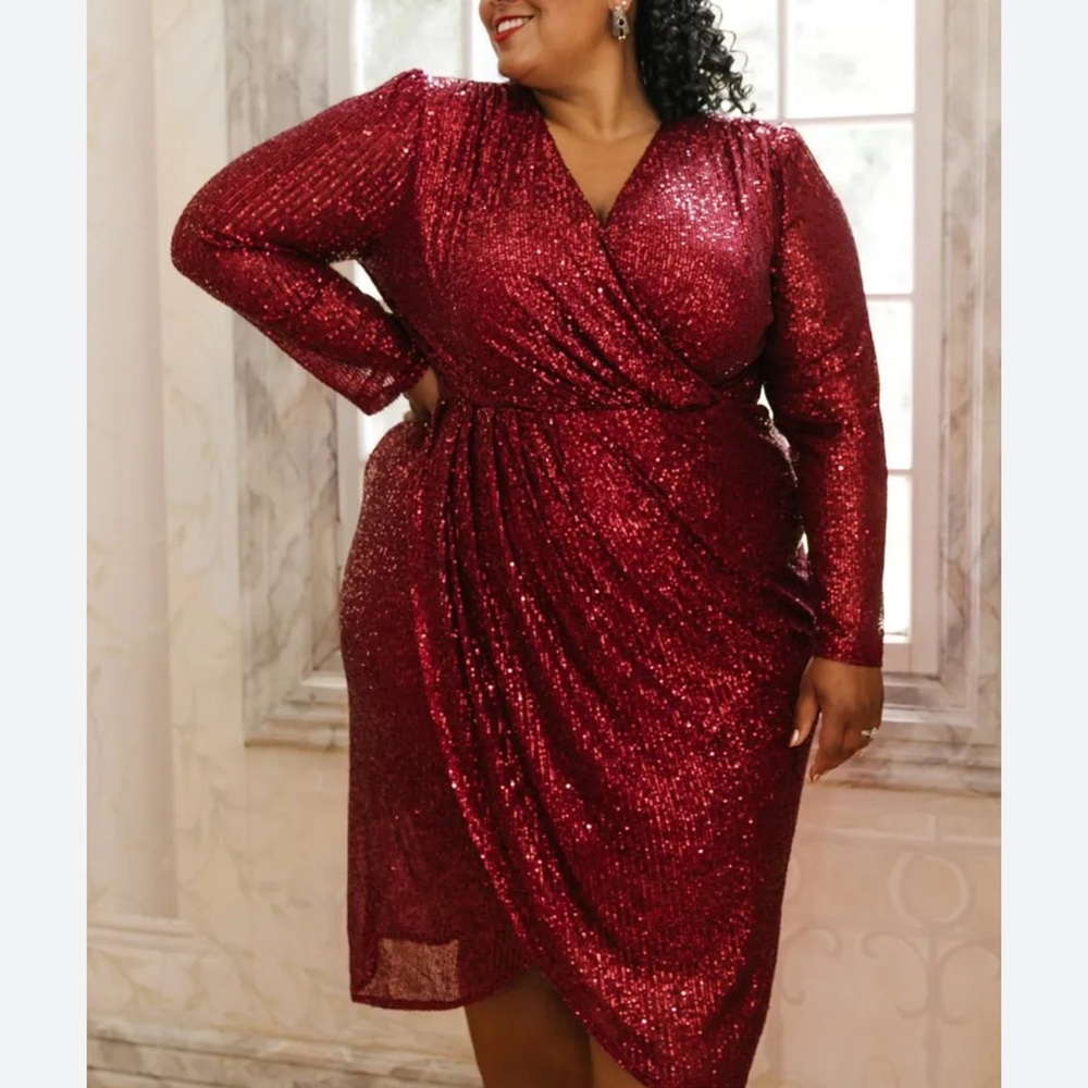 $75 Ivy City Co Wine Red Sequin Wrap-Style Midi Dress